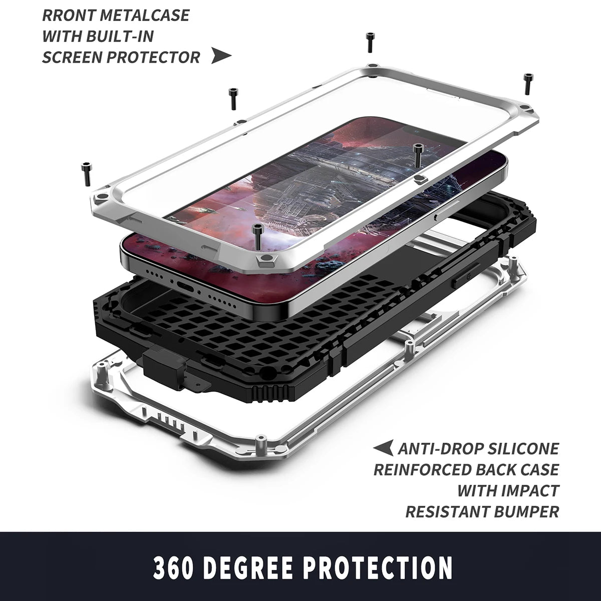 Full-Body Rugged Armor Shockproof Protective Case for iPhone 14 Plus 13 12 11 Pro Max Kickstand Aluminum Metal Glass Cover