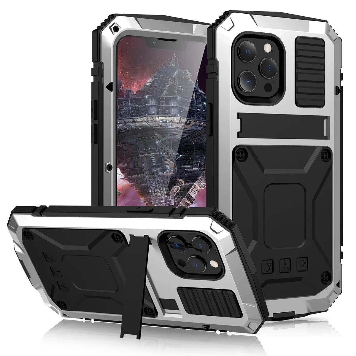 Full-Body Rugged Armor Shockproof Protective Case for iPhone 14 Plus 13 12 11 Pro Max Kickstand Aluminum Metal Glass Cover