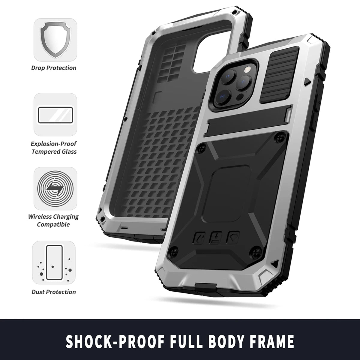 Full-Body Rugged Armor Shockproof Protective Case for iPhone 14 Plus 13 12 11 Pro Max Kickstand Aluminum Metal Glass Cover