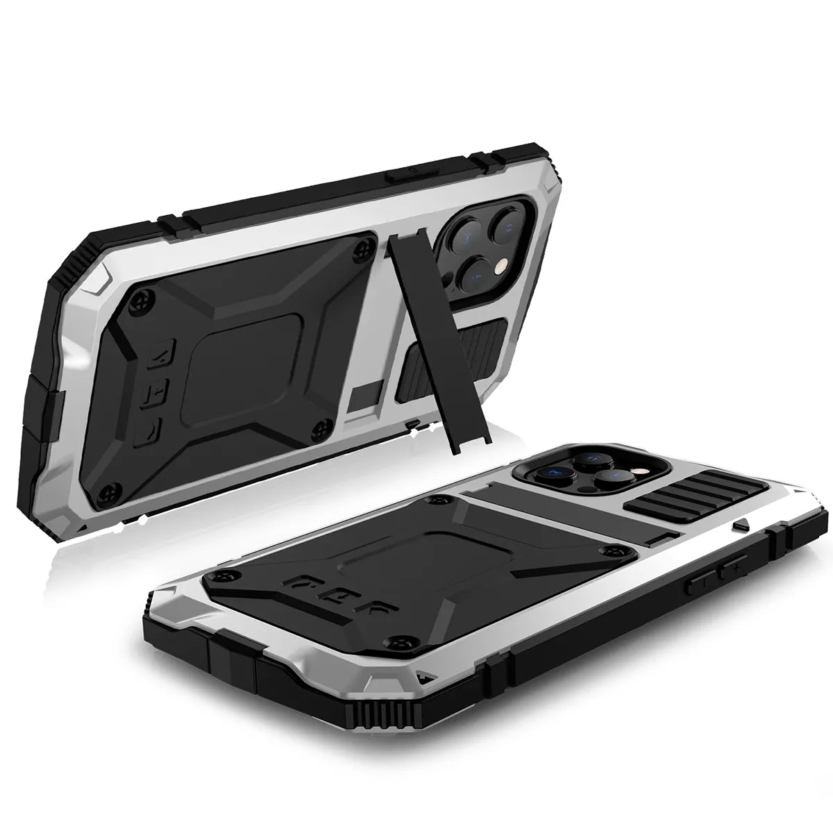 Full-Body Rugged Armor Shockproof Protective Case for iPhone 14 Plus 13 12 11 Pro Max Kickstand Aluminum Metal Glass Cover