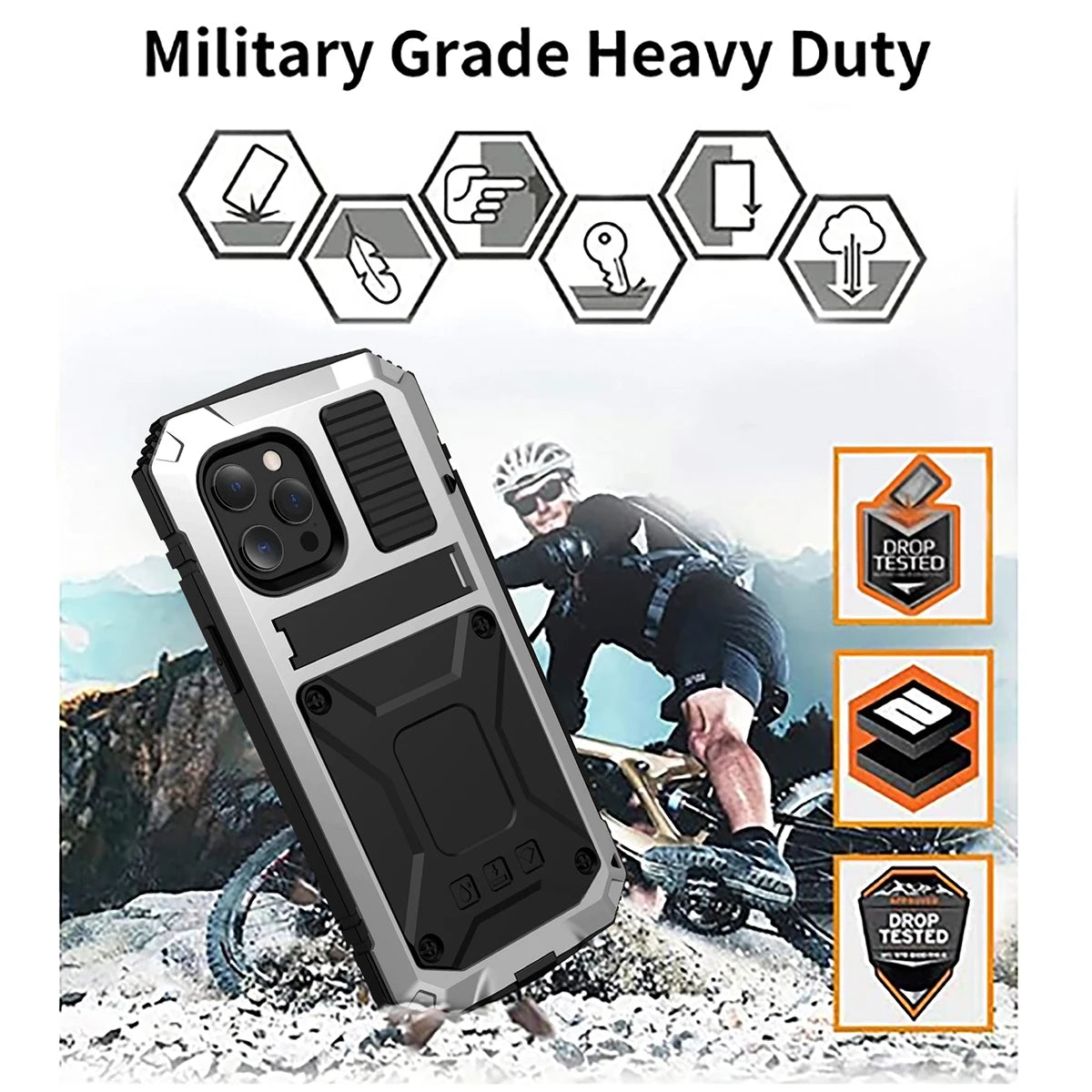 Full-Body Rugged Armor Shockproof Protective Case for iPhone 14 Plus 13 12 11 Pro Max Kickstand Aluminum Metal Glass Cover