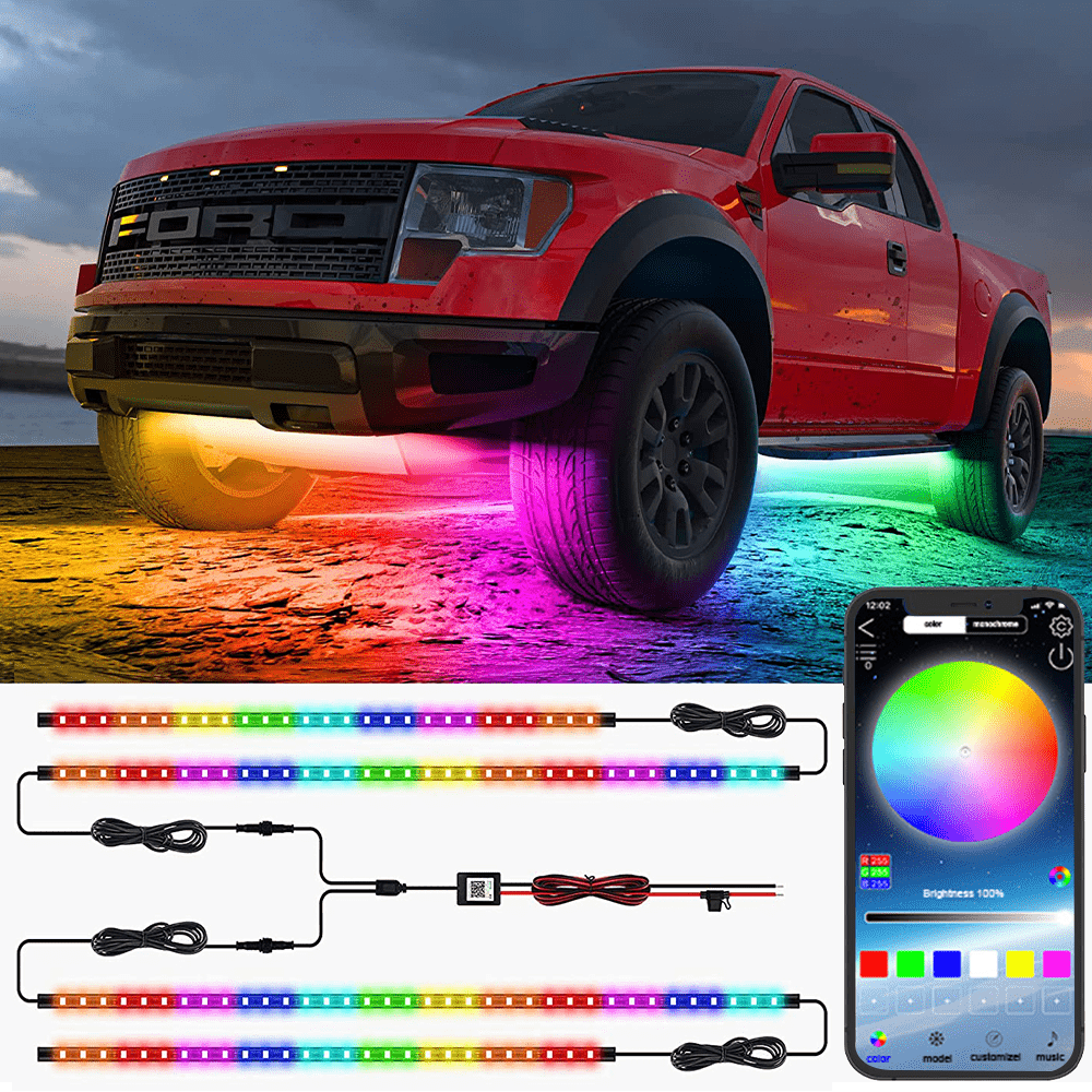 FLASHARK Car Underglow Lights Strip Kit RGB LED-lys med appkontroll, lydaktiv funksjon og trådløs fjernkontroll (4 PCer LED-lysstrimler med 6FT forlengelsesledning og kabelbånd)