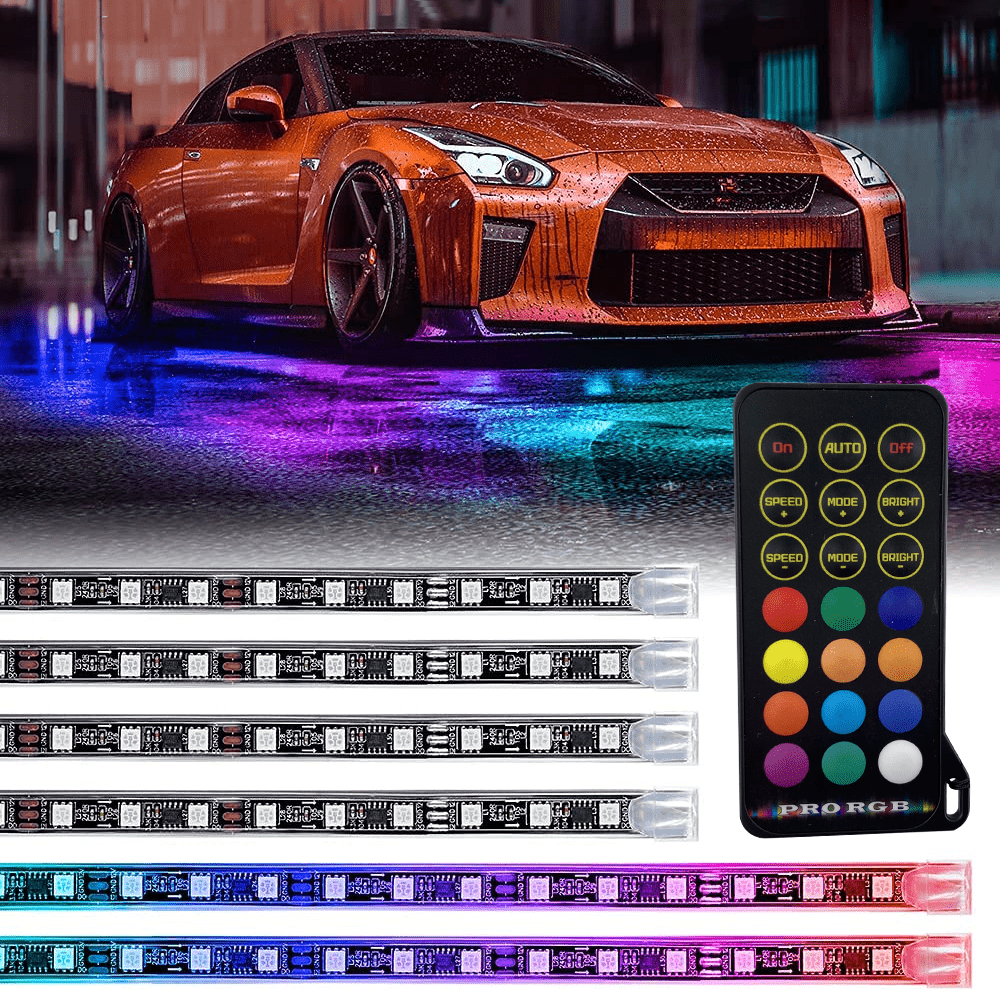 FLASHARK Car Underglow Lights Strip Kit RGB LED-lys med appkontroll, lydaktiv funksjon og trådløs fjernkontroll (4 PCer LED-lysstrimler med 6FT forlengelsesledning og kabelbånd)