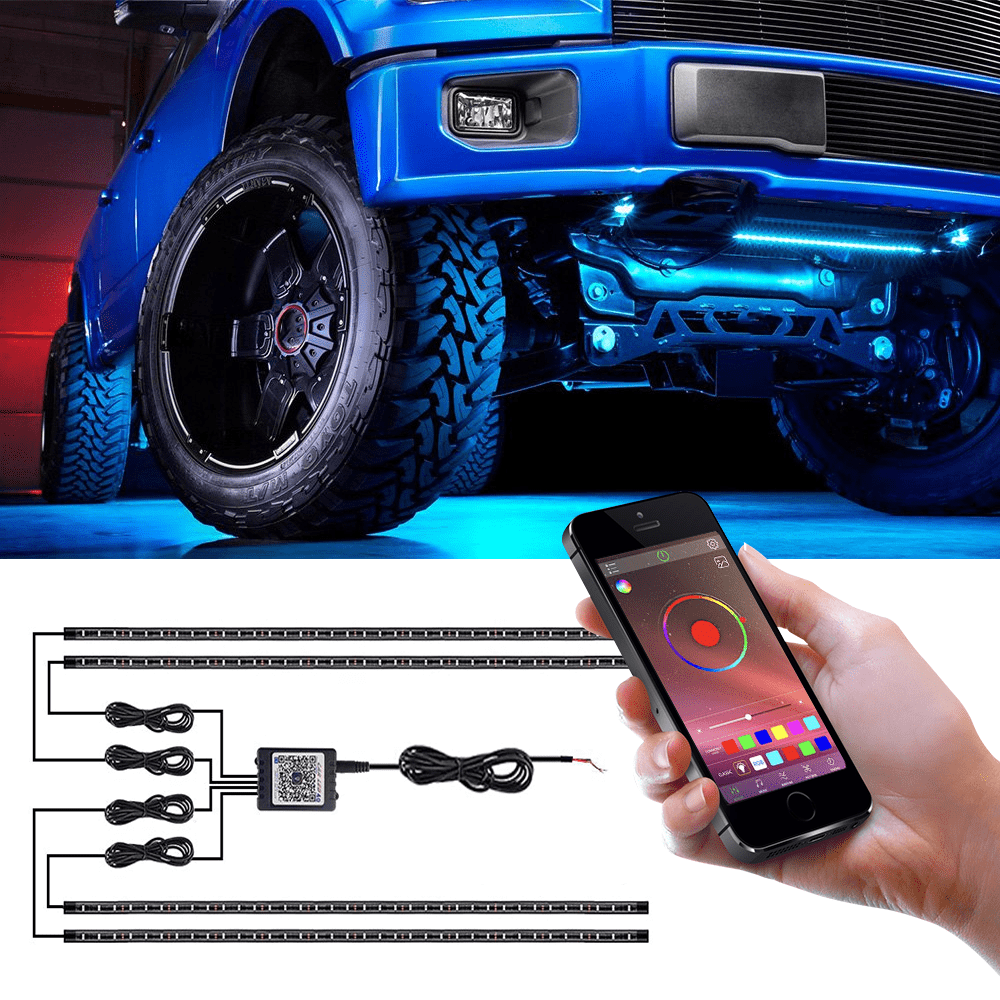 FLASHARK Car Underglow Lights Strip Kit RGB LED-lys med appkontroll, lydaktiv funksjon og trådløs fjernkontroll (4 PCer LED-lysstrimler med 6FT forlengelsesledning og kabelbånd)