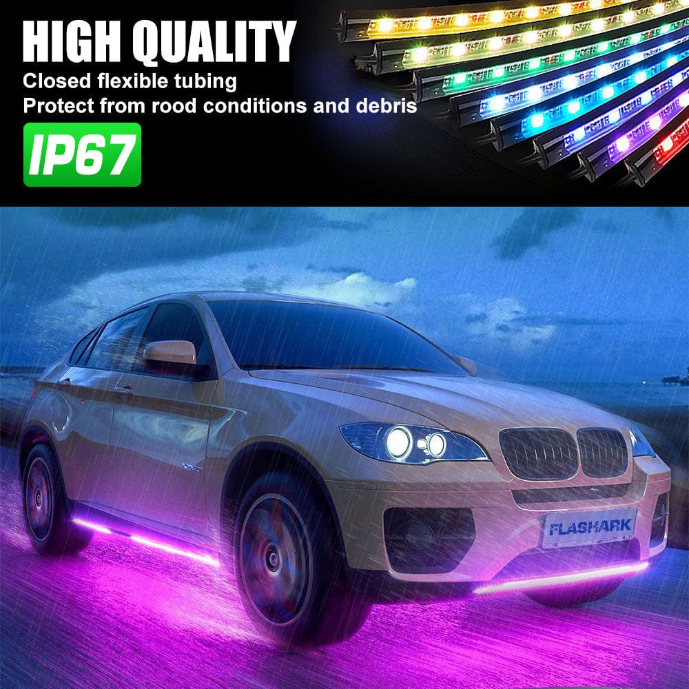 FLASHARK Car Underglow Lights Strip Kit RGB LED-lys med appkontroll, lydaktiv funksjon og trådløs fjernkontroll (4 PCer LED-lysstrimler med 6FT forlengelsesledning og kabelbånd)