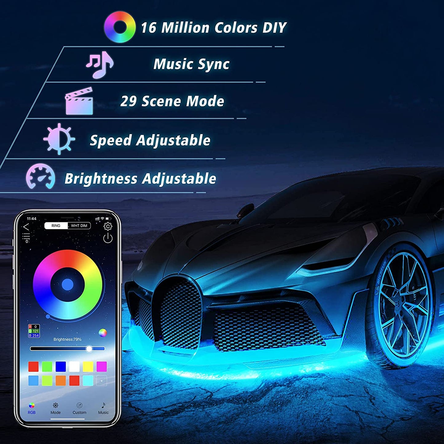 FLASHARK Car Underglow Lights Strip Kit RGB LED-lys med appkontroll, lydaktiv funksjon og trådløs fjernkontroll (4 PCer LED-lysstrimler med 6FT forlengelsesledning og kabelbånd)