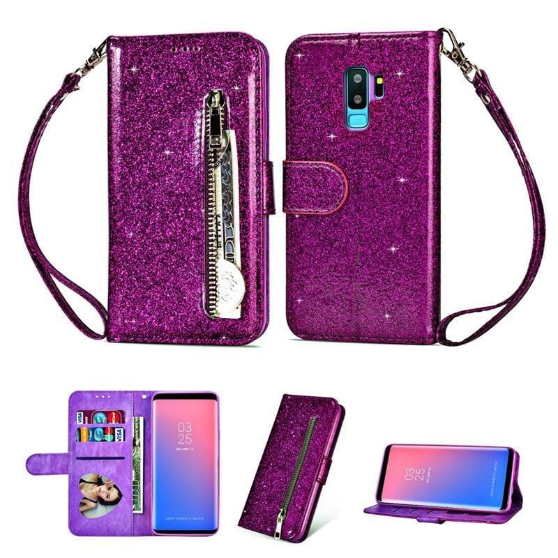 Evolveley's iPhones ทนทาน Slim Fit Magnet Flip Folio Luxury Glitter Sparkly Bling Leather Wallet Stand Cover Zipper Pocket Purse with Credit Card Holder & Wrist Strap for Women