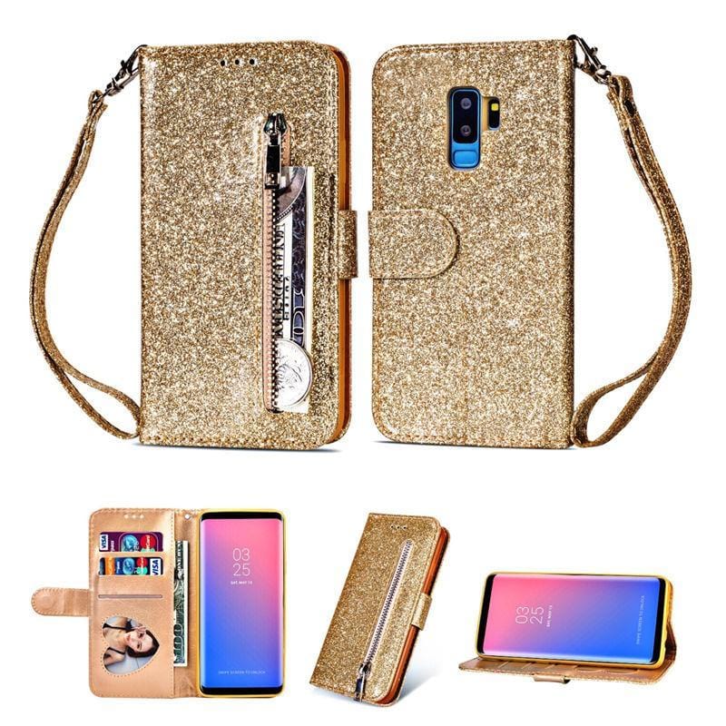 Evolveley's iPhones ทนทาน Slim Fit Magnet Flip Folio Luxury Glitter Sparkly Bling Leather Wallet Stand Cover Zipper Pocket Purse with Credit Card Holder & Wrist Strap for Women