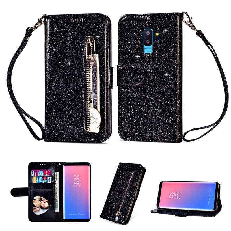 Evolveley's iPhones ทนทาน Slim Fit Magnet Flip Folio Luxury Glitter Sparkly Bling Leather Wallet Stand Cover Zipper Pocket Purse with Credit Card Holder & Wrist Strap for Women