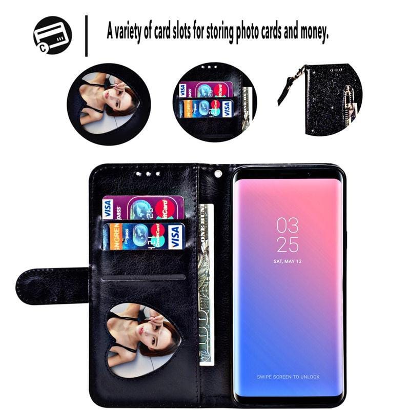 Evolveley's iPhones ทนทาน Slim Fit Magnet Flip Folio Luxury Glitter Sparkly Bling Leather Wallet Stand Cover Zipper Pocket Purse with Credit Card Holder & Wrist Strap for Women