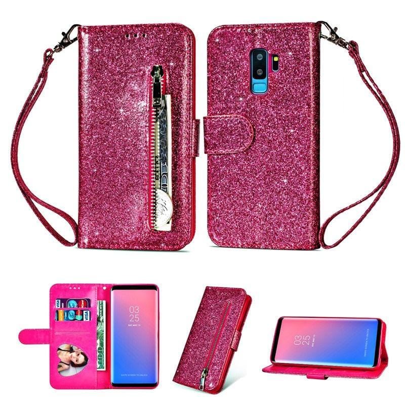 Evolveley's iPhones ทนทาน Slim Fit Magnet Flip Folio Luxury Glitter Sparkly Bling Leather Wallet Stand Cover Zipper Pocket Purse with Credit Card Holder & Wrist Strap for Women