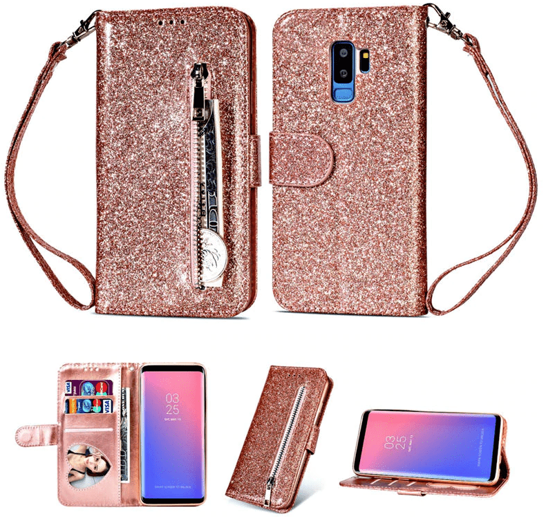 Evolveley's iPhones Durable Slim Fit Magnet Flip Folio Luxury Glitter Sparkly Bling Leather Wallet Cover Stand Cover Zipper Pocket Pocket with Credit Card Holder & Wrist Strap for Women
